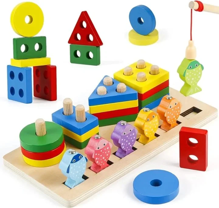 2-in-1 Wooden Fishing Column & Shape Sorter – Educational Montessori Preschool Puzzle Game